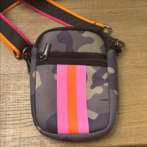 Camouflage Crossbody Bag with Pink and Orange Stripes